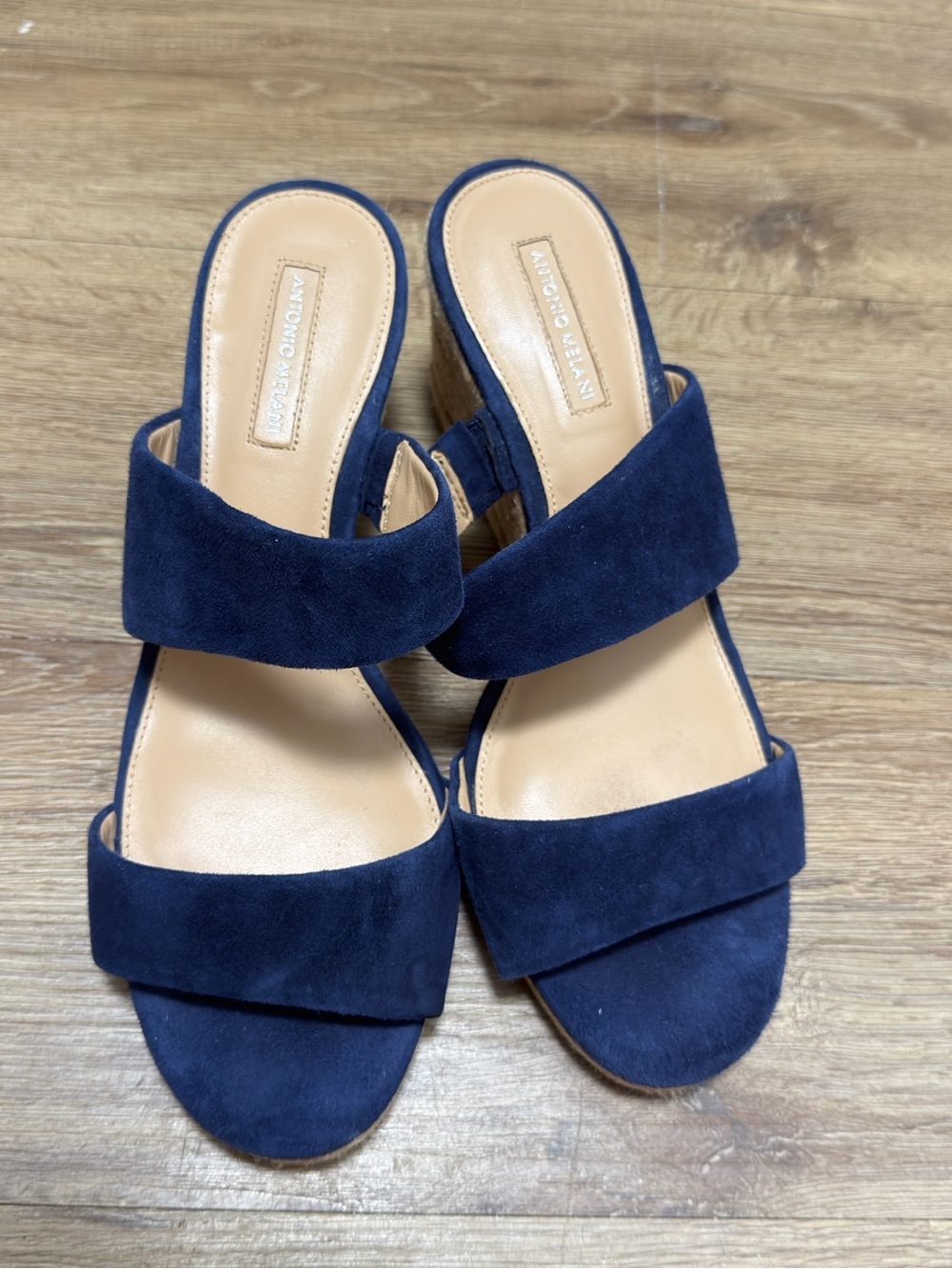 ANTONIO MELANI Navy Suede Double-Band Wedge Mules